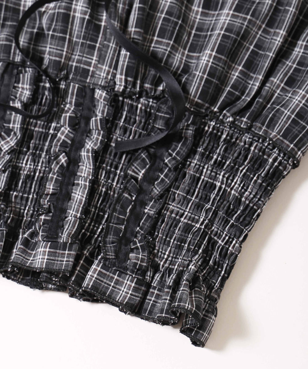 フリルノースリーブチェックブラウス