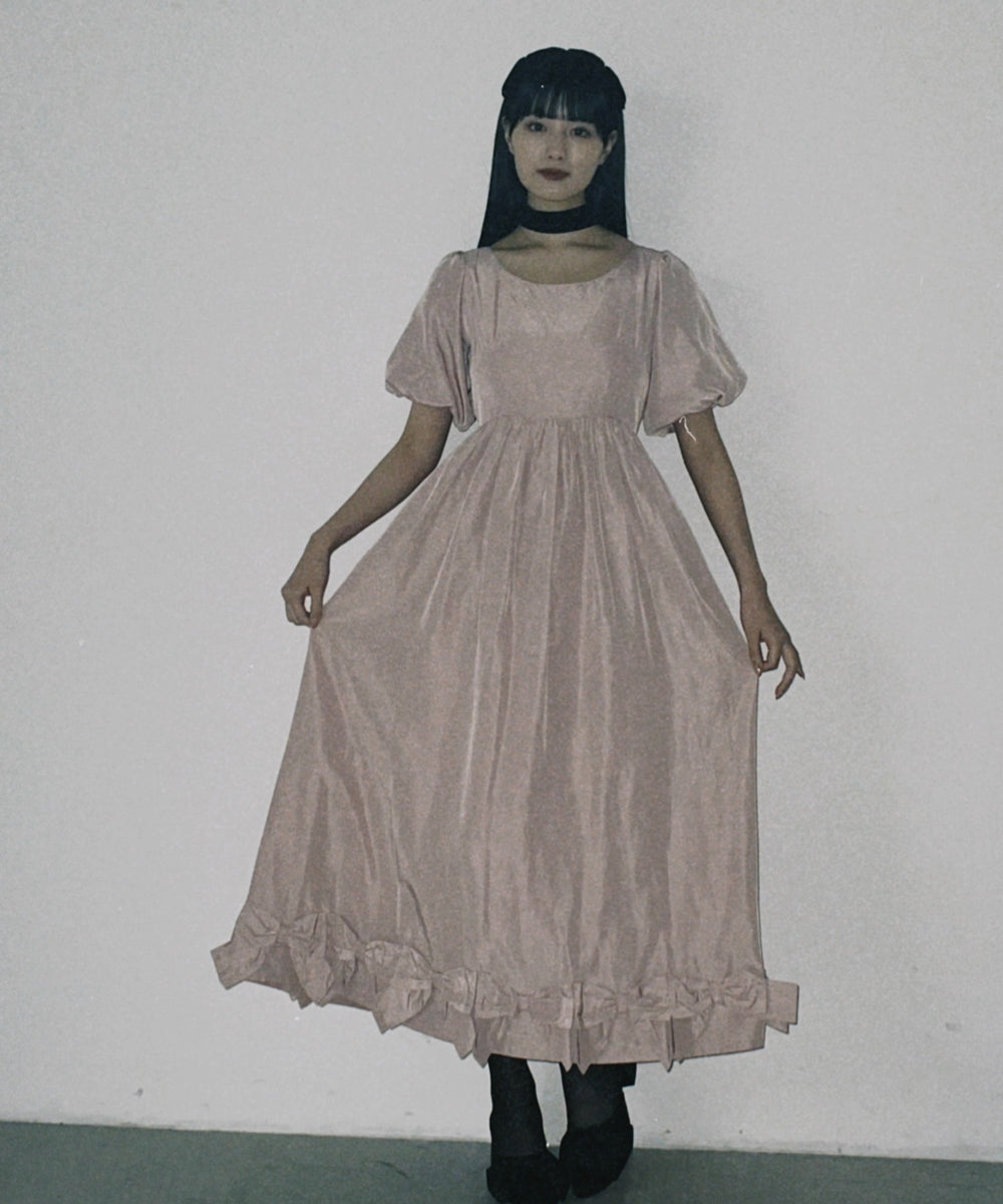 リボンパフスリーブロングワンピース