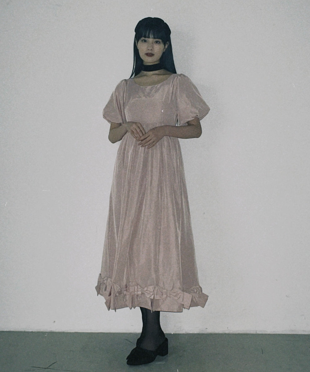 リボンパフスリーブロングワンピース