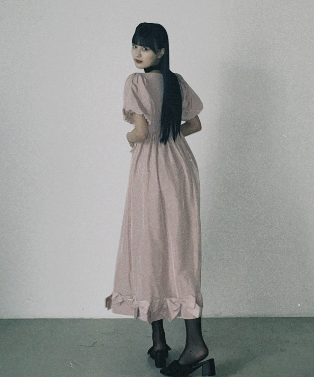 リボンパフスリーブロングワンピース