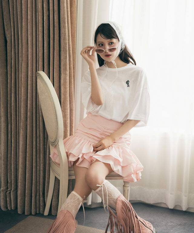 シャーリングティアードミニスカート/ピンク モデル：164㎝ F着用