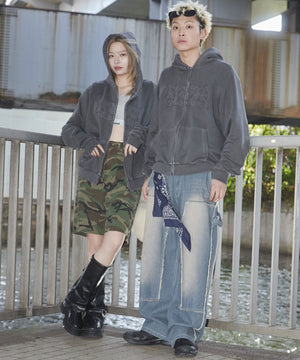 ピグメントダメージアップリケZIPパーカー