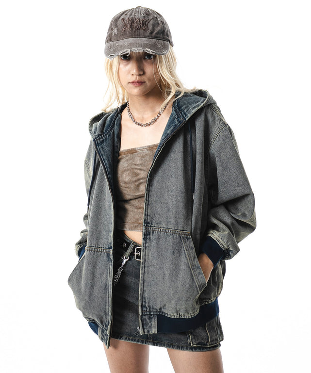 フードデニムブルゾン/デニム淡加工 モデル：172cm M着用