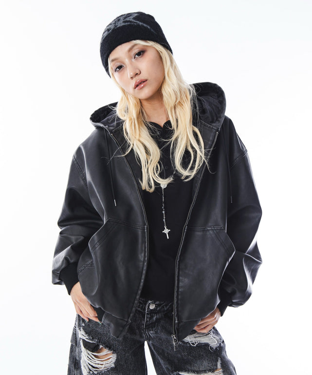 PUフードブルゾン/ブラック　モデル：172cm M着用