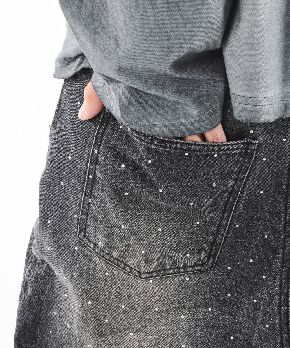 スーパーバギーラインストーンデニムパンツ