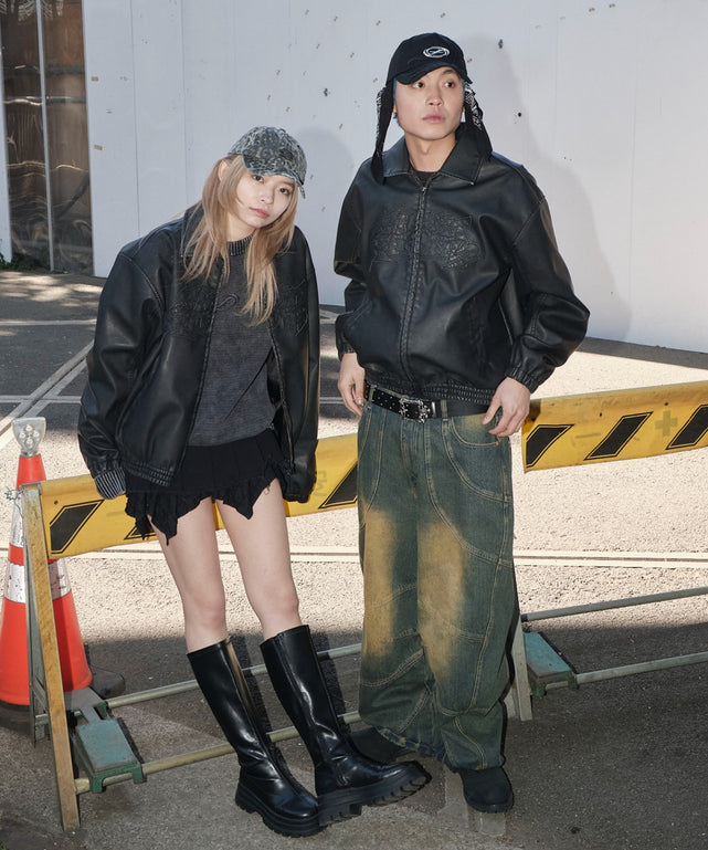 合皮ダメージアップリケブルゾン