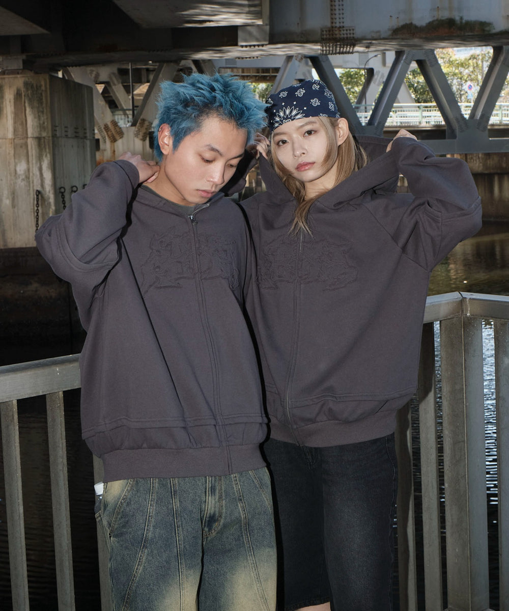 ダメージアップリケレイヤードZIPパーカー