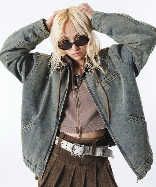 キルティングZIPデニムジャケット/デニム淡加工 モデル：172cm L着用