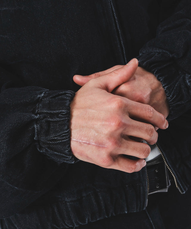 ファーフードスラッシュデニムブルゾン