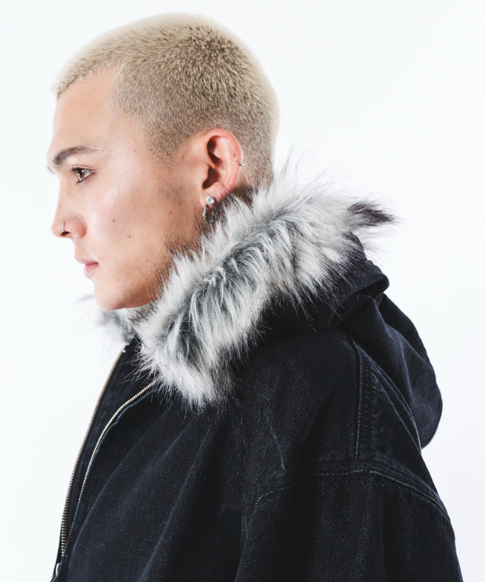 ファーフードスラッシュデニムブルゾン