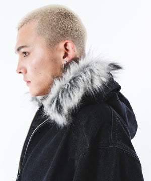 ファーフードスラッシュデニムブルゾン