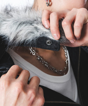 ファーフードスラッシュデニムブルゾン