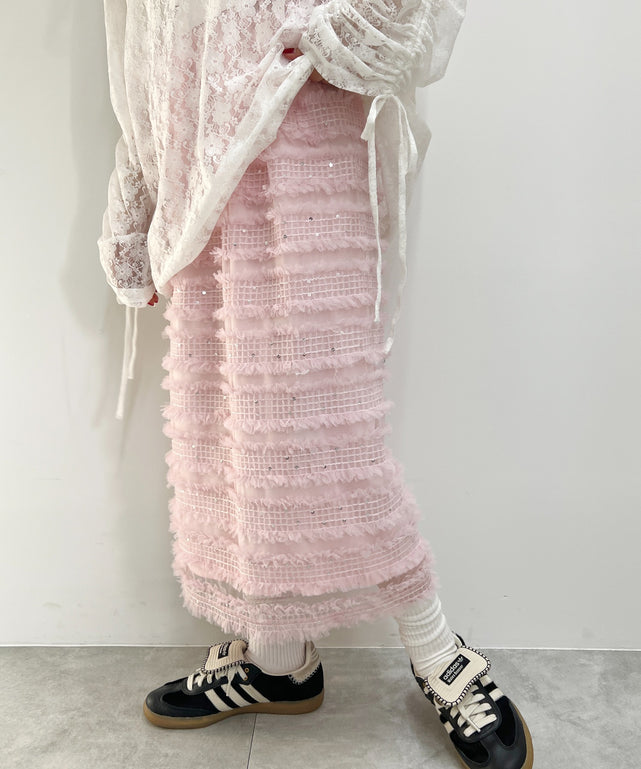 デザインチュールナロースカート/ピンク モデル：160㎝ F着用