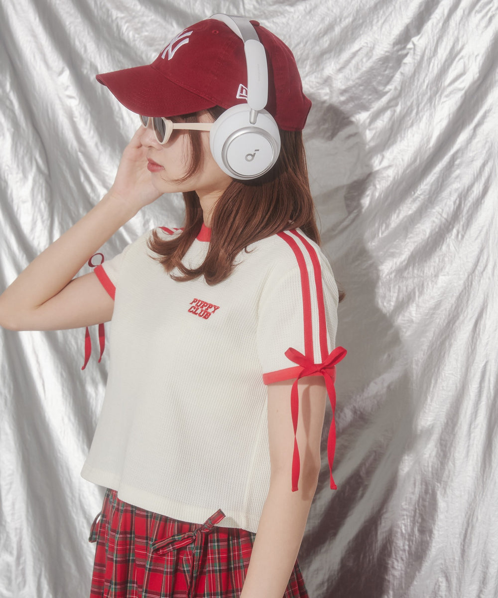リボンポイント2ラインワッフルTシャツ