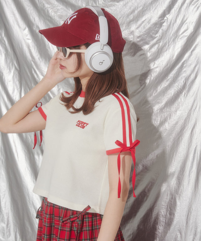 リボンポイント2ラインワッフルTシャツ