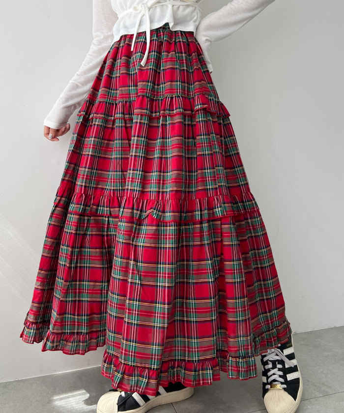 blamink スカートチェックリボンロング