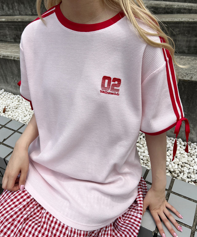 2ラインリボンビッグワッフルTシャツ/ピンク モデル：160㎝ F着用