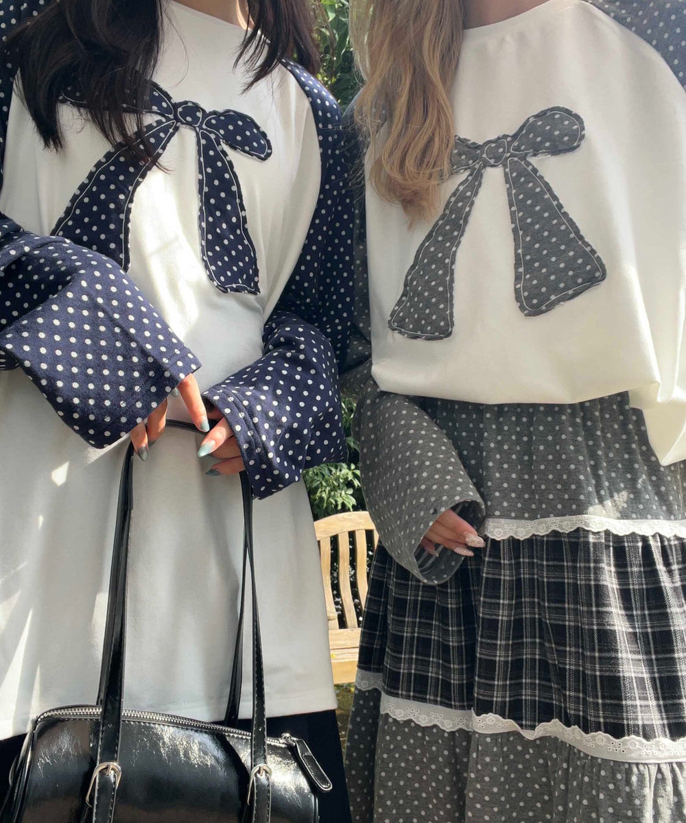 ドットラグランパッチワークロンT