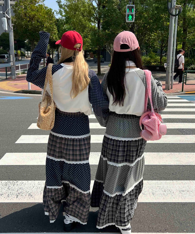 ドットラグランパッチワークロンT