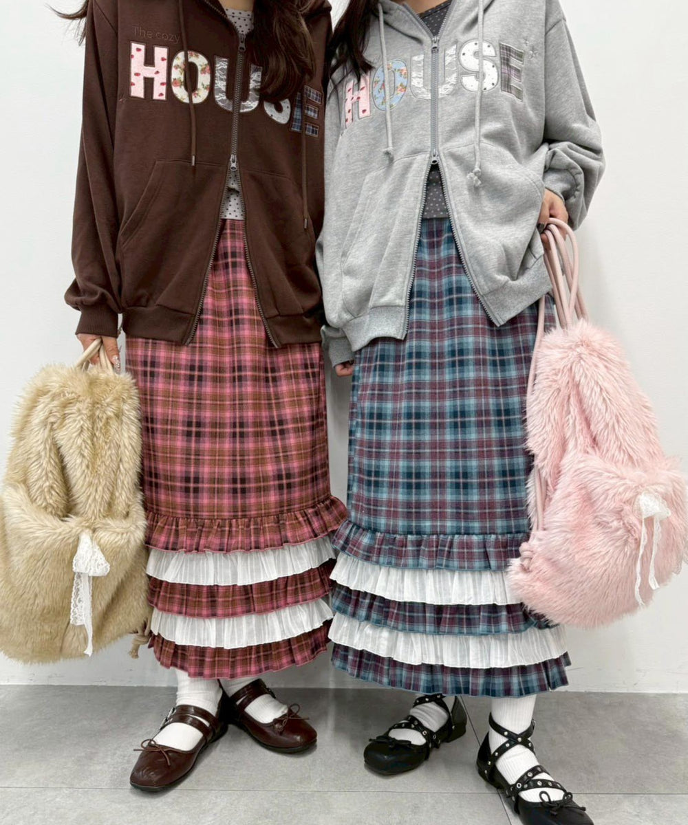 ヘムフリルチェックロングスカート