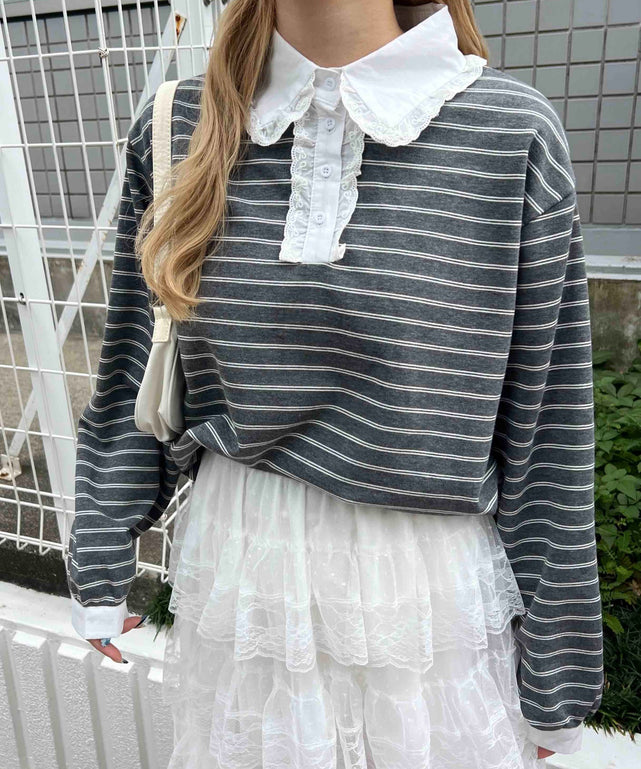 レースパイピングラガーシャツ/グレー モデル：160㎝ F着用