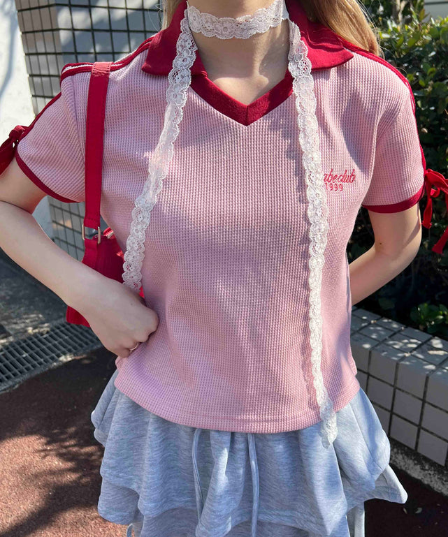 襟付きリボンワッフルTシャツ/ピンク モデル：160㎝ F着用