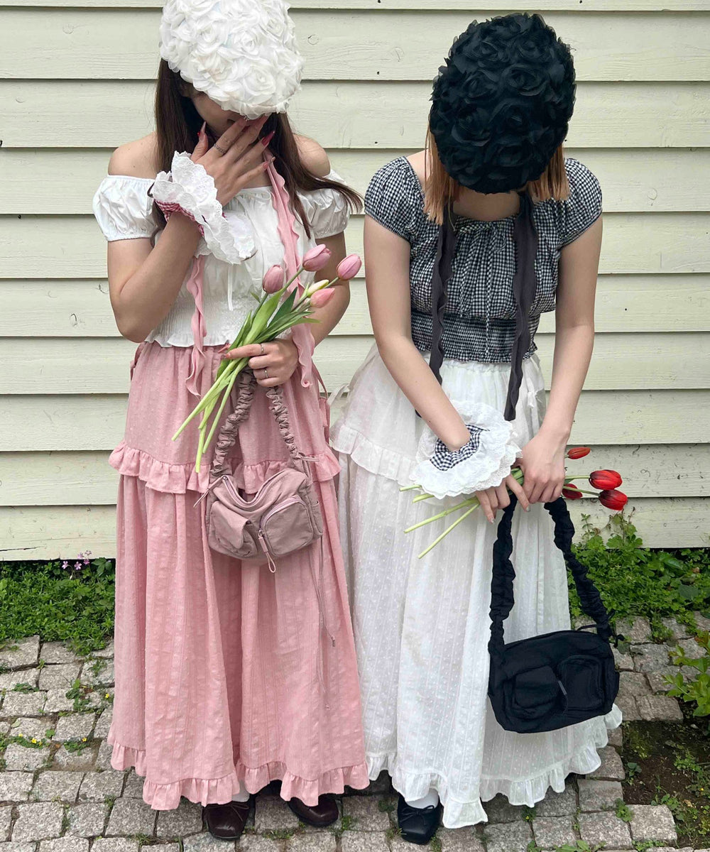 ショルダーリボンコットンレースロングスカート