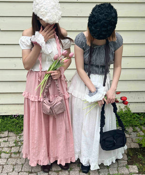 ショルダーリボンコットンレースロングスカート