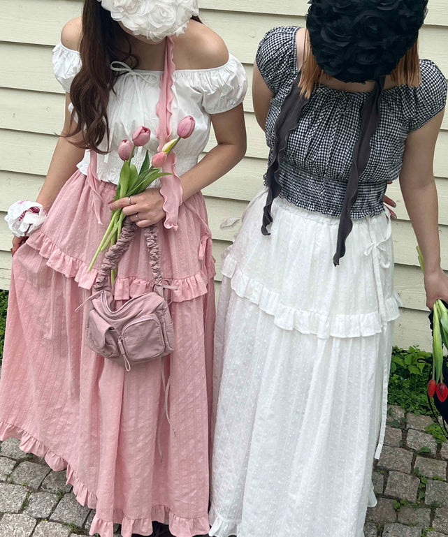 ショルダーリボンコットンレースロングスカート