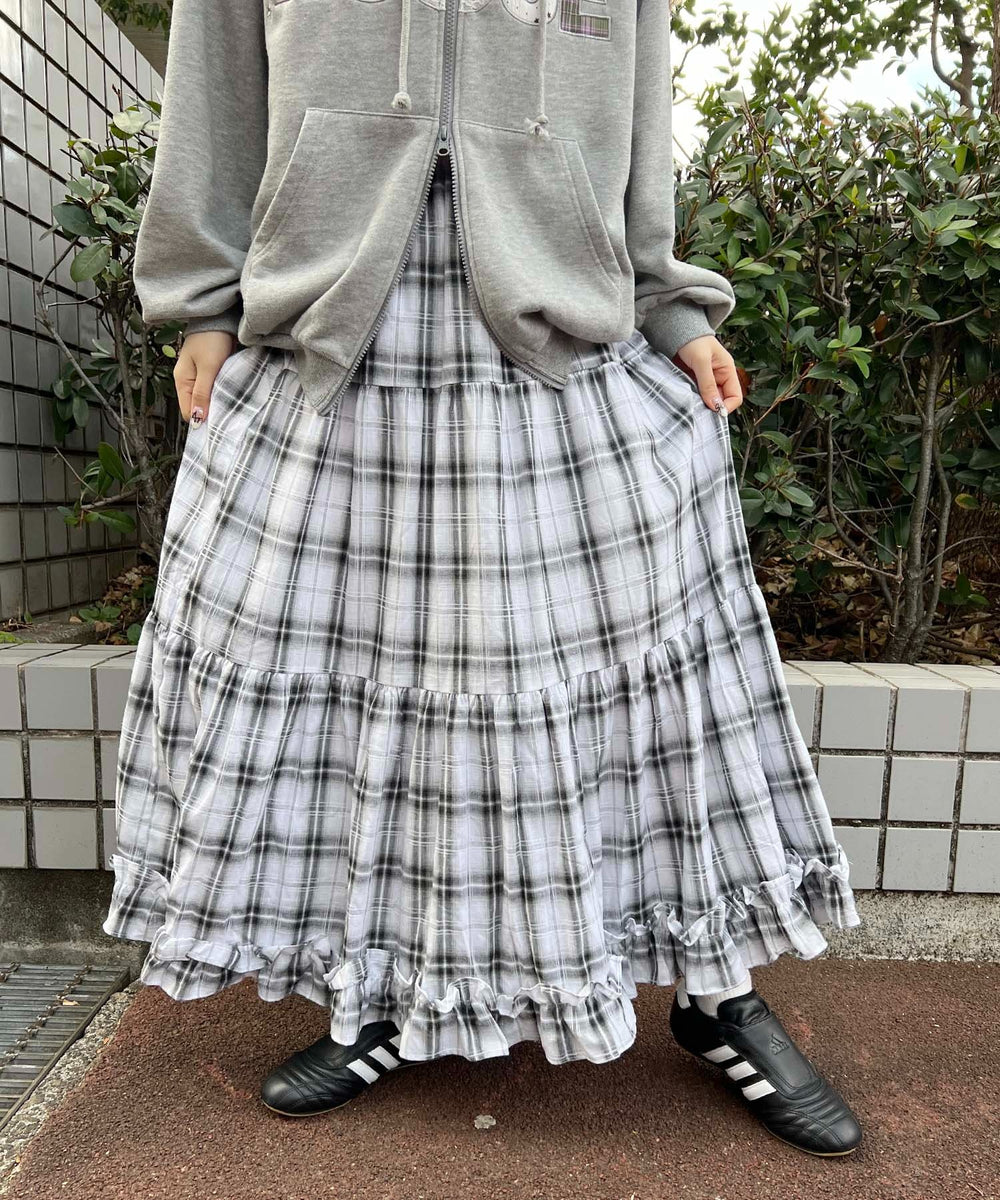 オンブレチェックティアードロングスカート