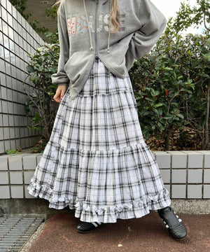 オンブレチェックティアードロングスカート
