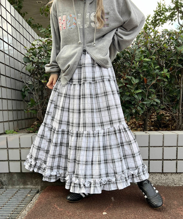 オンブレチェックティアードロングスカート