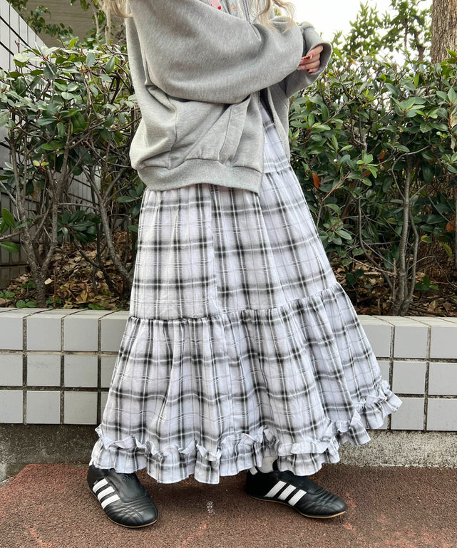 オンブレチェックティアードロングスカート
