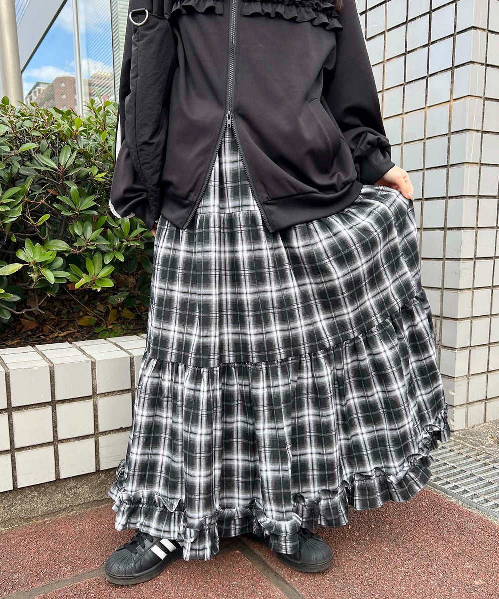 オンブレチェックティアードロングスカート