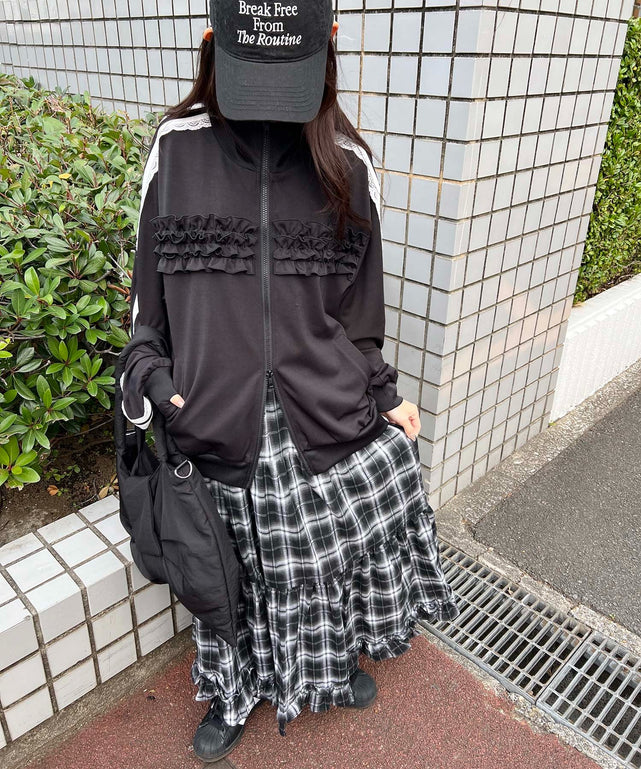 オンブレチェックティアードロングスカート