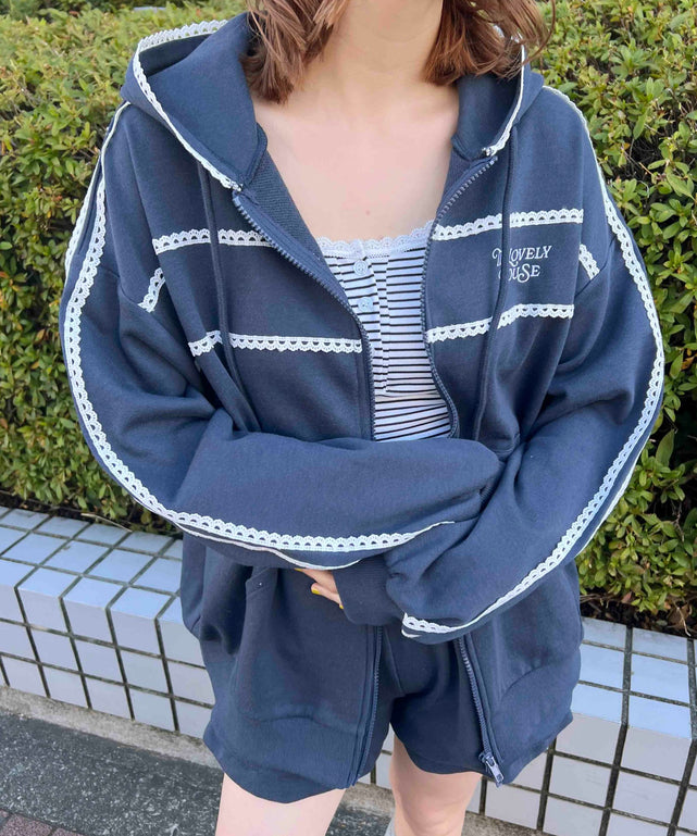 レースパイピングジップパーカー