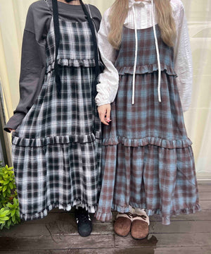 ネルチェックロングキャミワンピース