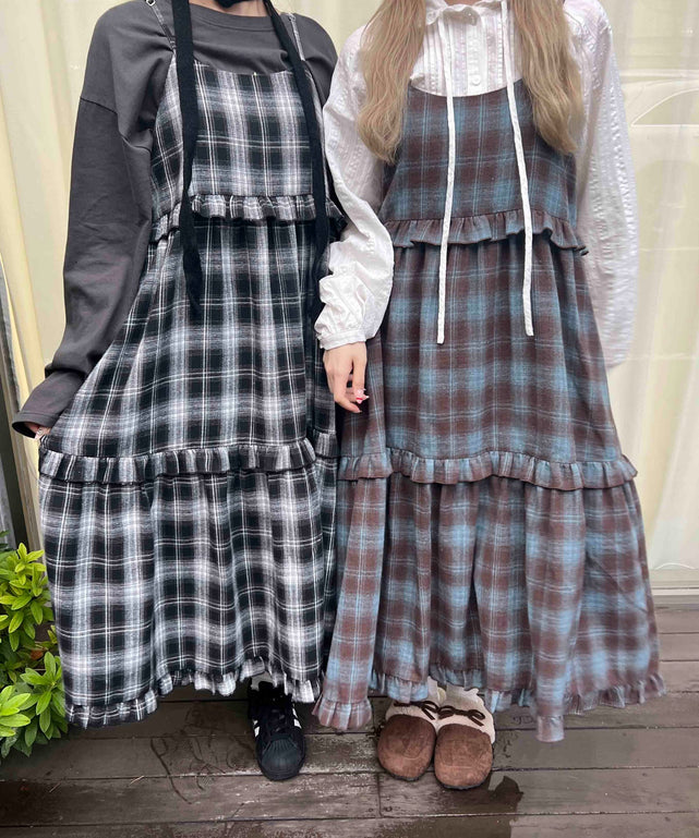 ネルチェックロングキャミワンピース