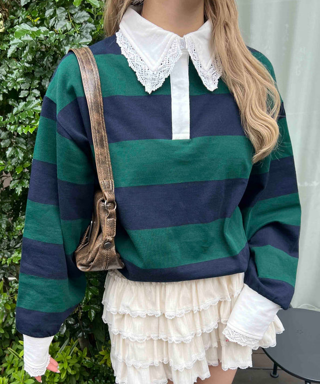 レースパイピングラガーシャツ/グリーン モデル：160㎝ F着用