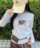 アソートボタンパッチワークロゴロンT/サックス モデル：158㎝ F着用