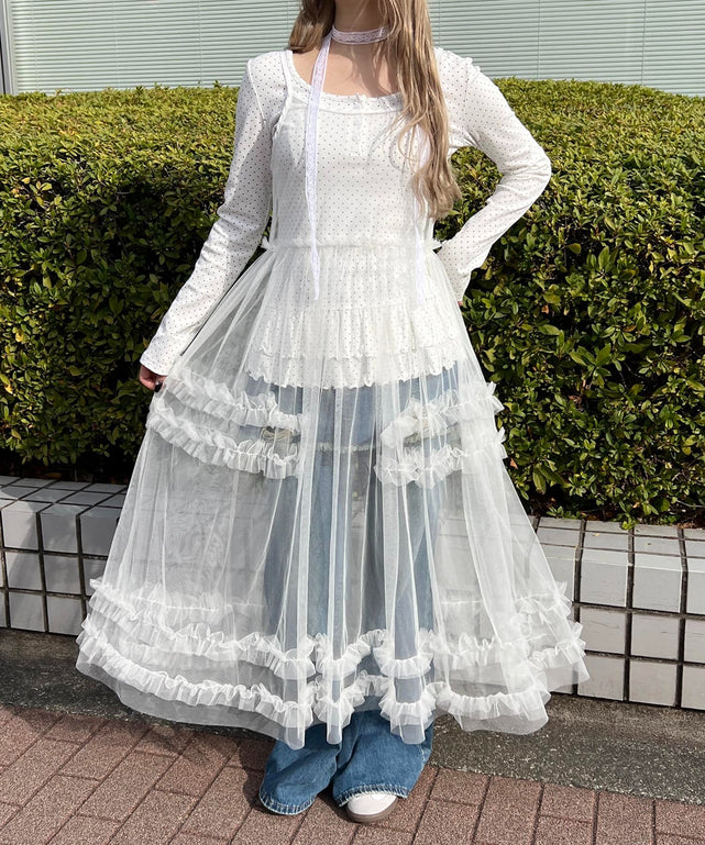 ギャザーフリルシアーワンピ/ホワイト モデル：160㎝ F着用