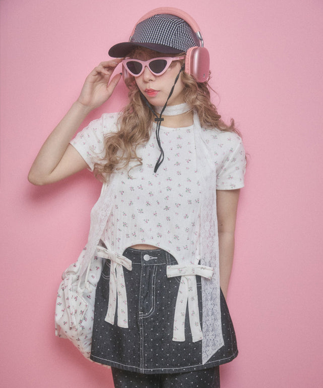 リトルフラワーWリボンTシャツ/ホワイト モデル：160㎝ F着用