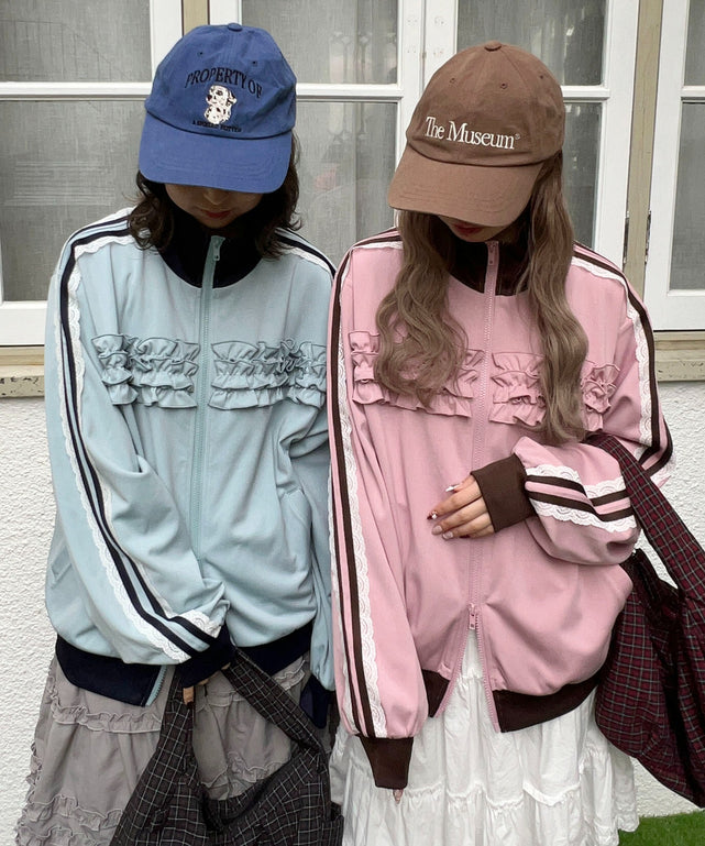 フリルギャザートラックジャケット/サックス モデル：160㎝ F着用