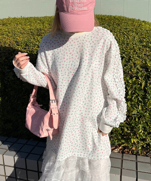 フリルラインフラワーワッフルロンT/ピンク モデル：160㎝ F着用