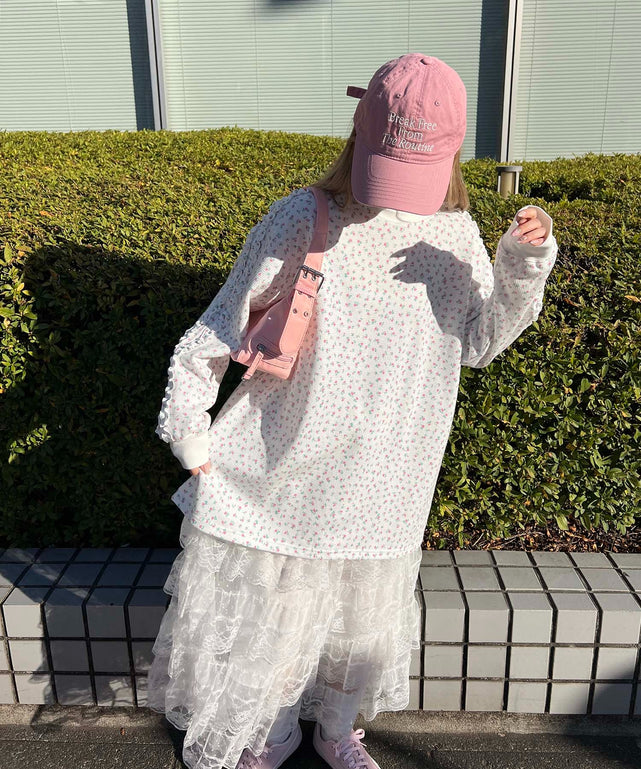 フリルラインフラワーワッフルロンT