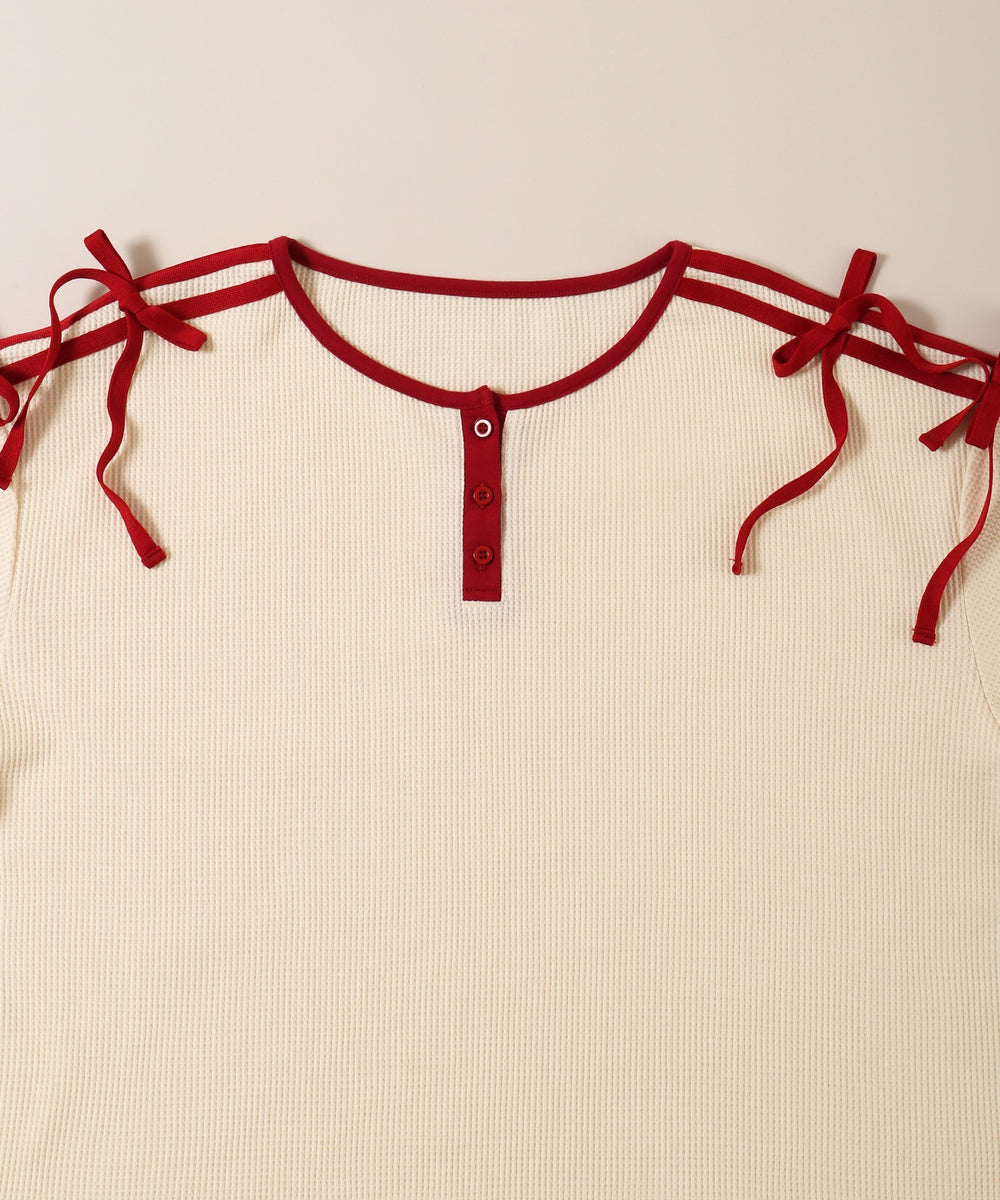 ヘンリーネックリボンラインワッフルロンT