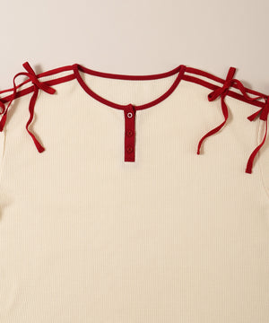 ヘンリーネックリボンラインワッフルロンT