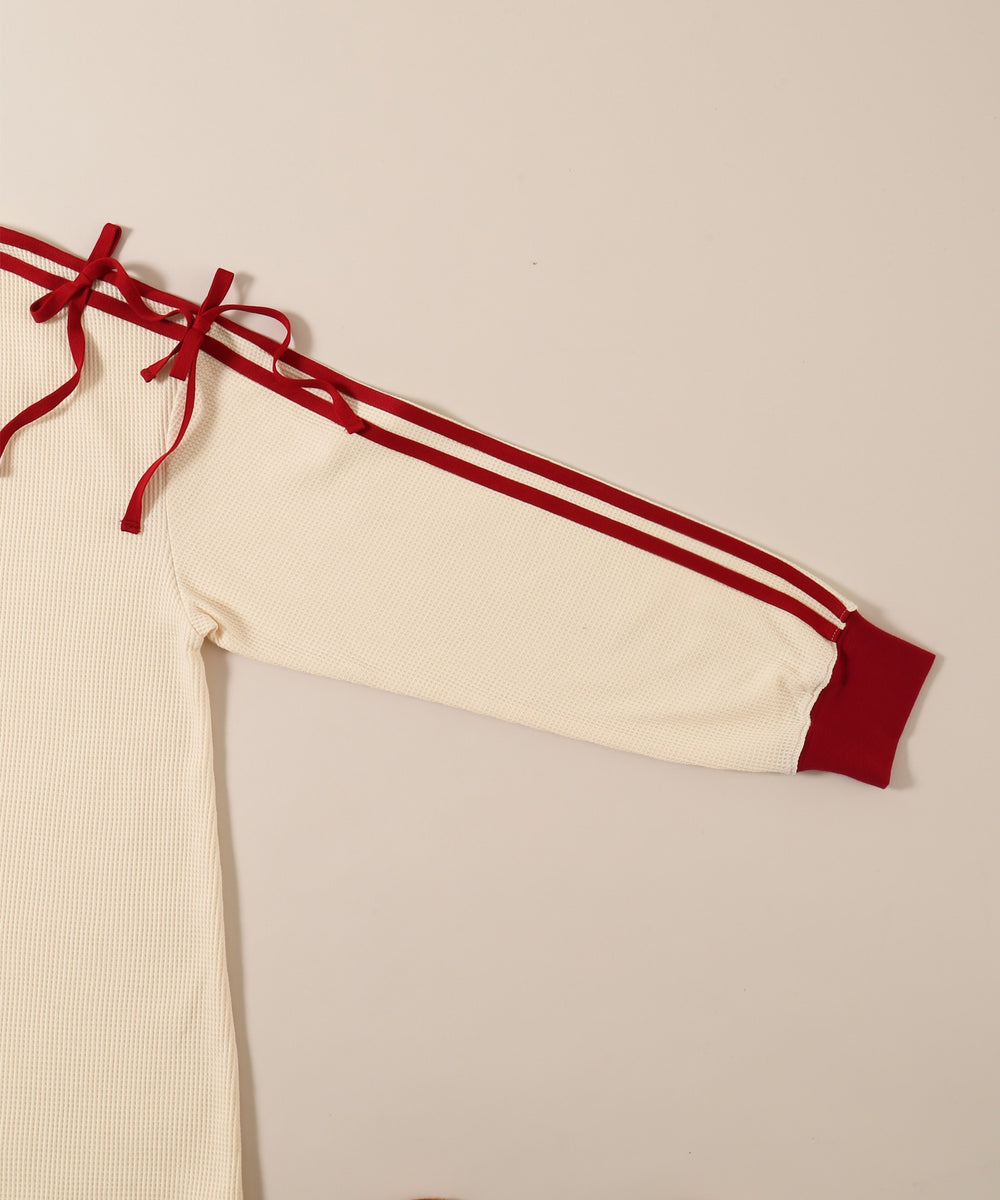 ヘンリーネックリボンラインワッフルロンT