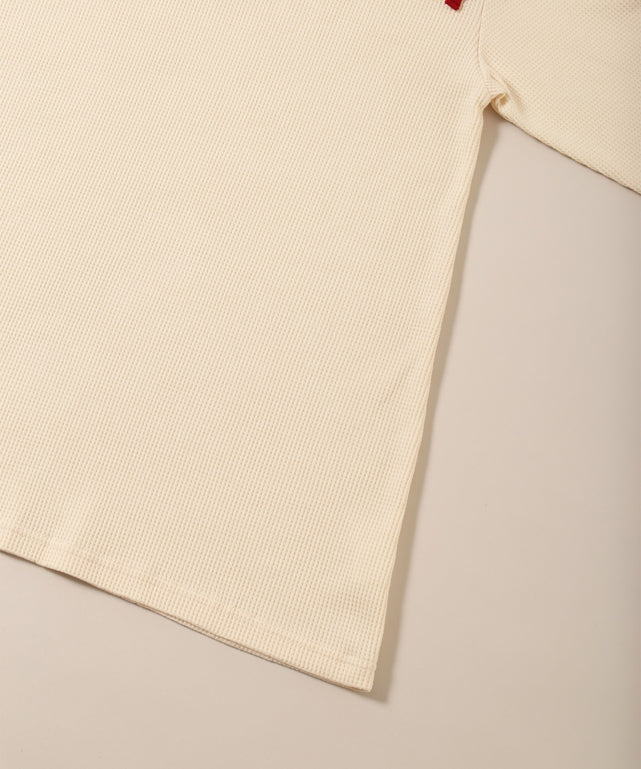 ヘンリーネックリボンラインワッフルロンT