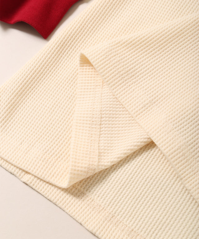 ヘンリーネックリボンラインワッフルロンT